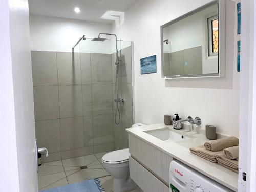 uma casa de banho com um chuveiro, um lavatório e um WC. em Studio Deluxe em Bora Bora