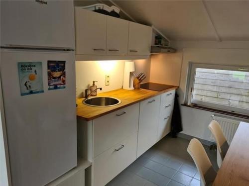 una pequeña cocina con armarios blancos y fregadero en Groendijk 105 en Koksijde