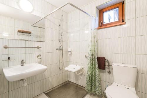 a bathroom with a toilet and a sink and a shower at Wołosań B&B in Cisna