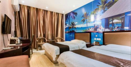 a hotel room with two beds and a television at Thank Inn Chain Hotel Shandong Rizhao Zhaoyang Road in Rizhao