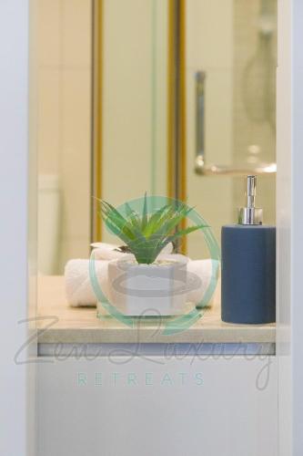 a bathroom counter with a plant in a bowl at ZEN SEA BREEZE - Darwin's Premier Family Apt in Darwin