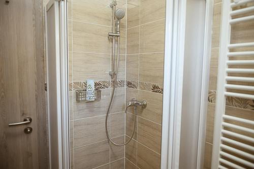 a bathroom with a shower with a shower at Penzion Sudomír in Sudoměřice