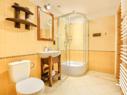 a bathroom with a toilet and a sink and a shower at Gościniec Rabe - Agro&SPA in Ustrzyki Dolne