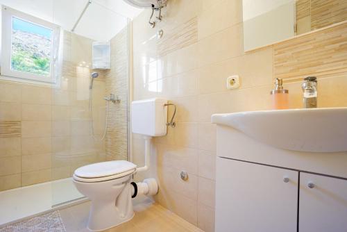 a bathroom with a white toilet and a sink at Magdalena with mountain and seaview in Metajna