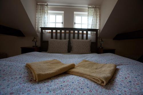a bedroom with a bed with two towels on it at Penzion Modrý Pavilon in Dolní Malá Úpa