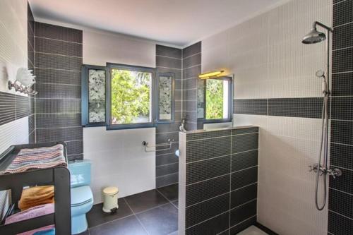 a bathroom with a blue toilet and a shower at Casa Erika - Apartamentos el Almendro in Los Llanos de Aridane
