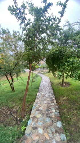 a stone path in a park with a tree at Red_Hut_Resort in Hatta