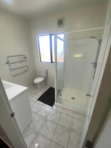 a bathroom with a shower and a toilet at Luxury 5beds and 5bedroom in Lower Hutt