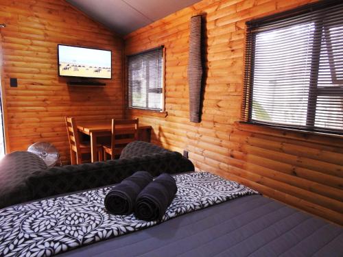 1 dormitorio con 1 cama, TV y mesa en ZUCH Accommodation at Pafuri Self Catering - Guest Cabin, en Polokwane