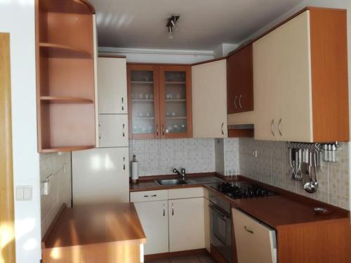 a kitchen with white cabinets and a sink and counters at Odmor u Zagrebu in Zagreb