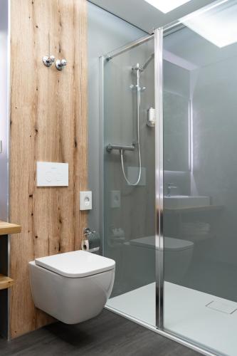 a bathroom with a glass shower and a toilet at Villa & Hotel Am Park in Reichenbach im Vogtland
