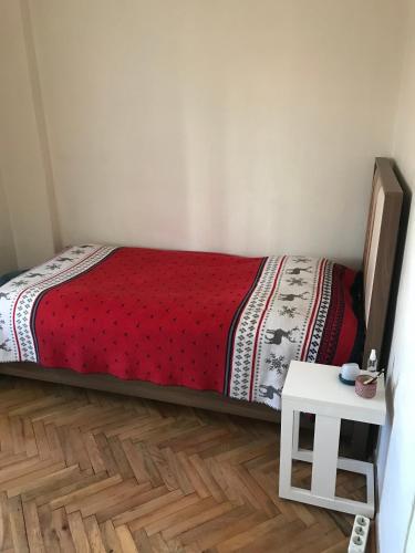 Schlafzimmer mit einem Bett mit einer roten Decke und einem Tisch in der Unterkunft Private Room in Istanbul #21 in Istanbul