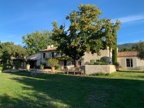 a house with a tree in front of a yard at Les Jardins de Sitaara in Cucuron