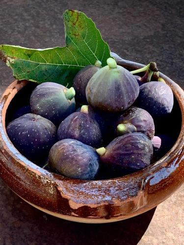 a bowl of figs with a green leaf at Les Jardins de Sitaara in Cucuron