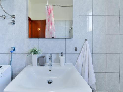 een witte badkamer met een wastafel en een spiegel bij Holiday home Antonia with pool in Galovac
