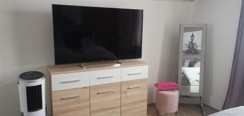 a television on a wooden dresser in a room at Rupert Pichler in Feistritz an der Drau