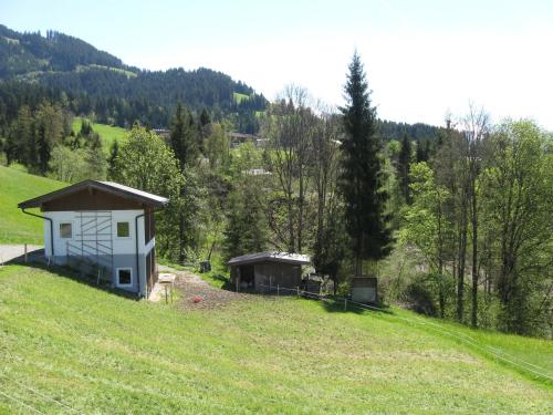 een klein huis op een heuvel in een veld bij Haus Steinlechner in Westendorf