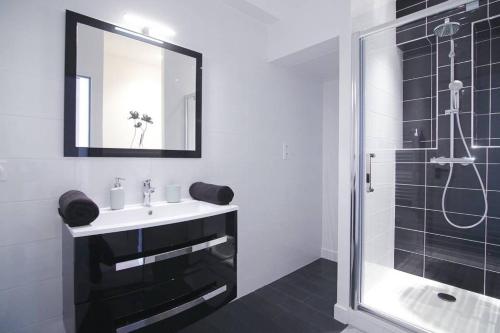 La salle de bains est pourvue d'un lavabo et d'une douche. dans l'établissement LE LAC au DUC, à Vannes