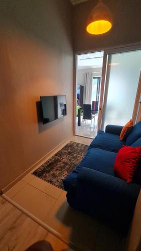 a living room with a blue couch and a tv at ARCHITECTS VIEW - EXECUTIVE SUITE in Durban