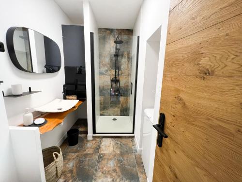 een badkamer met een douche en een wastafel bij Le Pétrel Bleu - Appartement sur la plage des Tortues à Saint-Leu in Saint-Leu