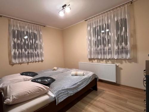 a bedroom with a bed and two windows at Apartamenty Beskidzkie in Ustroń