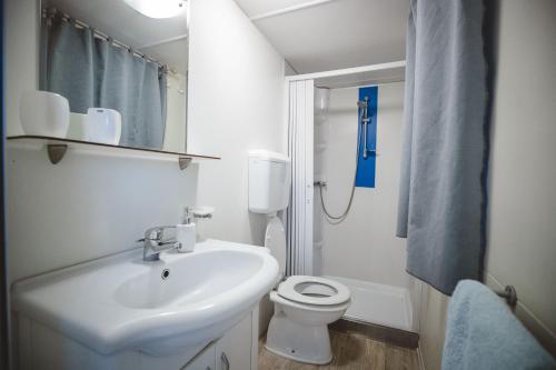 Baño blanco con lavabo y aseo en Holiday cottage II with 2 Thermal Riviera Tickets, en Moravske Toplice