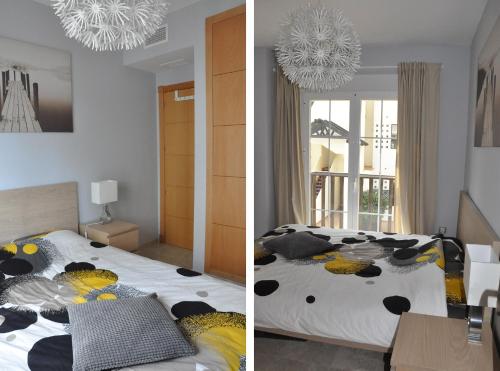 2 fotos de un dormitorio con cama y comedor en 2201-Lovely 2 bedrooms with terrace and pool, en Manilva