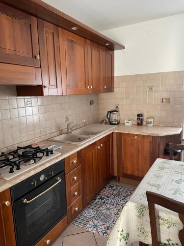 奧斯塔的住宿－AMPAILLAN002，厨房配有木制橱柜和炉灶烤箱。