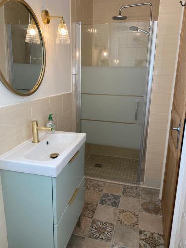 a bathroom with a sink and a shower at La Dovecote Sarlat in Sarlat-la-Canéda