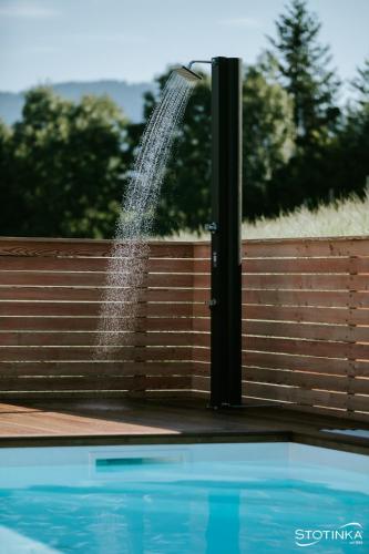 a water fountain in front of a wooden fence at Domačija Metul in Luče