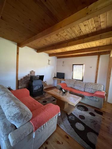ein Wohnzimmer mit einem Sofa und einem Tisch in der Unterkunft Chalet Breza in Kolašin