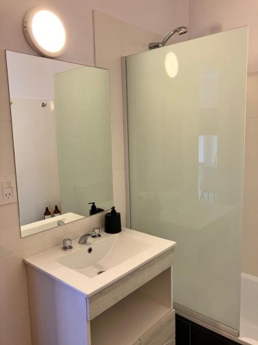 La salle de bains est pourvue d'un lavabo et d'un miroir. dans l'établissement Departamento D, à Bahía Blanca