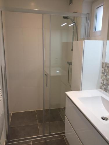 une douche avec une porte vitrée à côté d'un lavabo dans l'établissement Les terrasses de Malmedy duplex 420, à Malmedy
