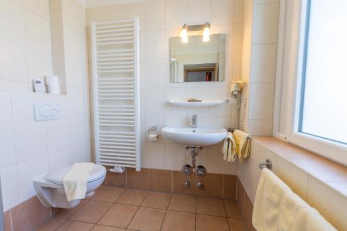 a bathroom with a sink and a toilet and a mirror at Gästehaus Kleeberger in Pleinfeld