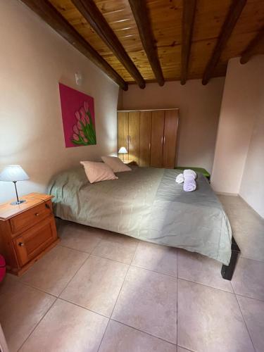 - une chambre avec un grand lit et un plafond en bois dans l'établissement Apartamentos La escondida, à San Rafael
