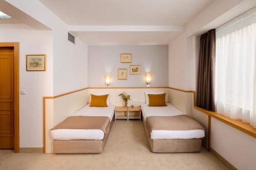 um quarto de hotel com duas camas e uma janela em Arte Sofia Hotel em Sófia