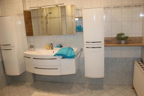 ein Bad mit einem Waschbecken und einem Spiegel in der Unterkunft Home W4 - Apartment Engel in Hoheneich