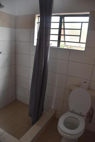 a bathroom with a toilet and a window at Tabonina Guesthouse in Livingstone