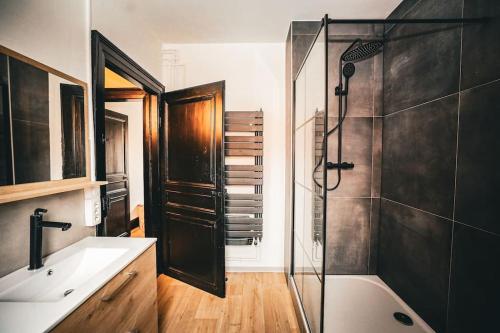 une salle de bain avec une douche, un lavabo et des toilettes dans l'établissement Appartement Charme Colmar Centre, à Colmar