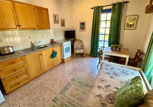 a kitchen with wooden cabinets and a table and a sink at Cottage Apartment Othellos in Kalavasos