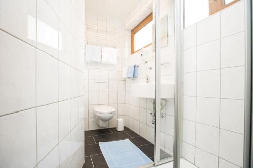 a white bathroom with a toilet and a sink at Hotel Rebstock in Bruttig-Fankel