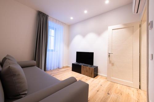 a living room with a couch and a television at Palazzo Chimelli in Pergine Valsugana