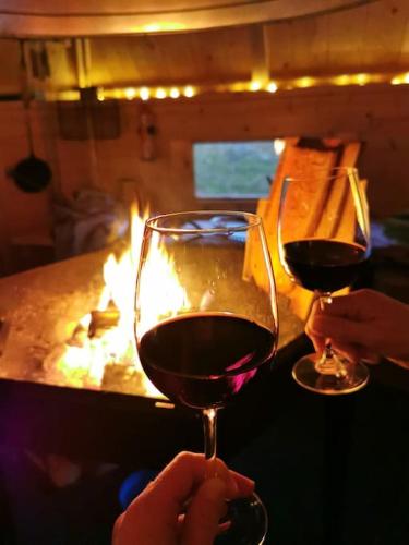 two people holding glasses of wine in front of a fireplace at Villa Havu holiday home in Pyhä/Lapland in Pyhätunturi