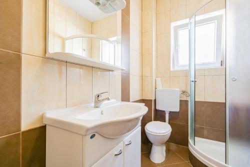 een badkamer met een wastafel, een toilet en een raam bij Galinec with mountain and seaview in Metajna