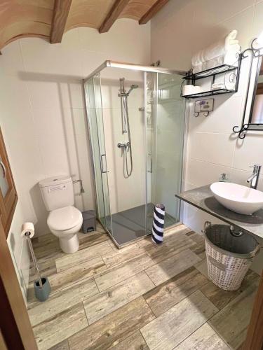 a bathroom with a shower and a toilet and a sink at Mas Segart in Santa María de Palautordera