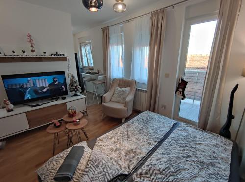 a living room with a large bed and a television at BellaCasa AirportStudio in Surčin