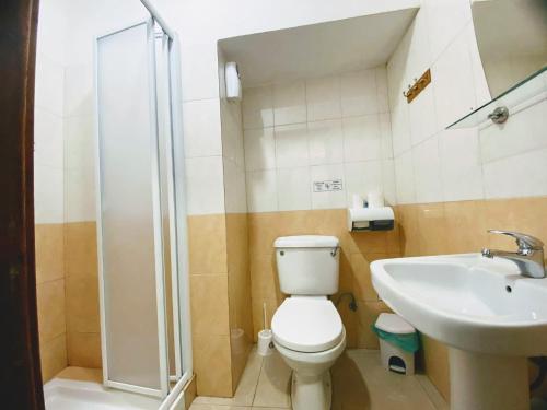 a bathroom with a toilet and a sink at Marina's Rooms in Larnaka