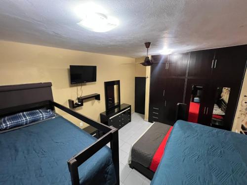 a bedroom with a bed and a flat screen tv at Casa paloma cerca de centro comercial y AirPort in Chetumal