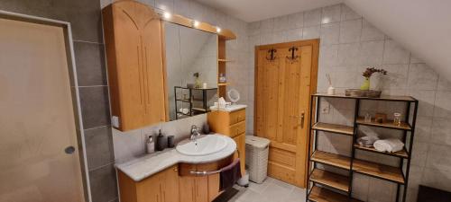 a bathroom with a sink and a mirror at Apartment Mittelpunkt - Kaufmann in Sankt Stefan ob Leoben
