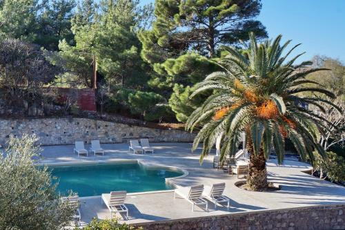 a swimming pool with chairs and a palm tree at Aquamare Lesvos in Mithymna